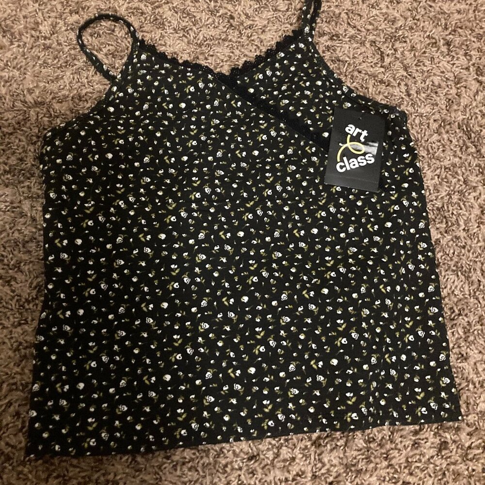 Art Class Floral Print Tank Top Large 10/12 Black Lace Trim NWT NEW Cotton Blend